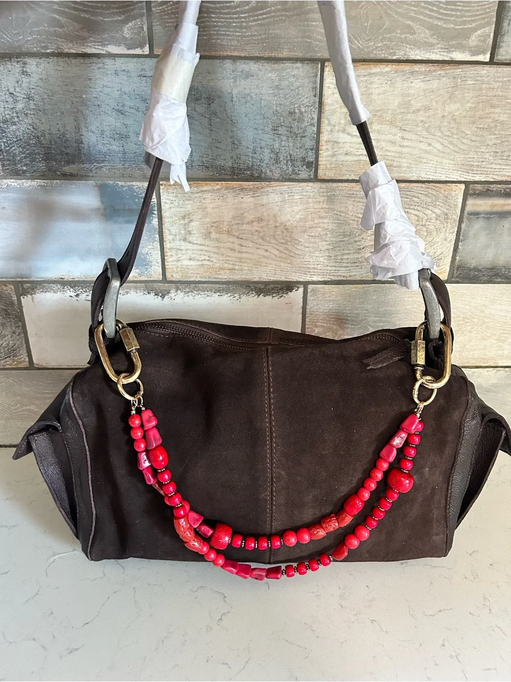 NWT Free People Suede Boxy Shoulder Bag in Espresso With Included Charm